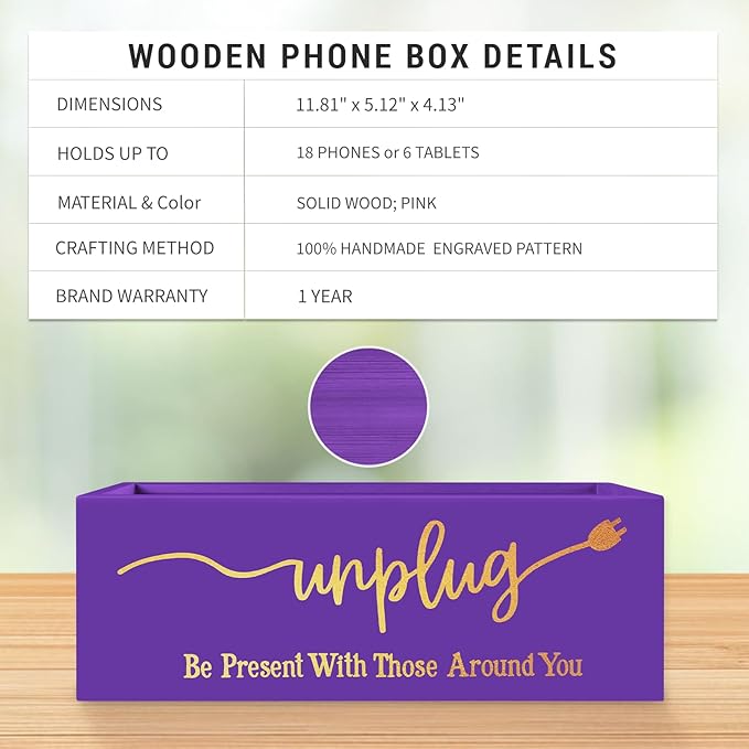 Bamboo Wood Phone Box – Unplug from Phones, Tablets, and Electronics for Study, Meetings, and Family Time, Phone Holder Organizer with Charging Holes, Farmhouse Style, Holds Up to 18 Phones-Purple