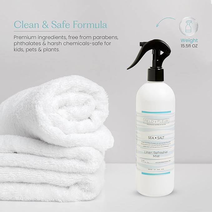 FIELD FLEUR Sea Salt Linen & Room Spray 15.5 oz - Aromatic & Refreshing Bedding & Fabric Mist - Air Freshener for Clothes & Sofas - Notes of Lemon, Water Lily, Jasmine & Driftwood - Made in USA