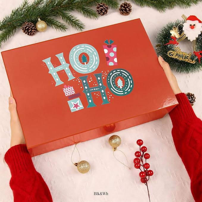 BLK&WH Christmas Gift Box 13.5x9x4.1 Inches, Red Large Collapsible Gift Box with Magnetic Lid (Red)
