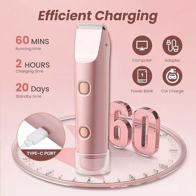 Bikini Trimmer for Women 2-in-1 Electric Razors for Pubic Hair Painless Wet & Dry Use Dual Head Electric Shaver for Women Support 60 Minutes Runtime for Facial Hair Removal & Body & Intimate Areas