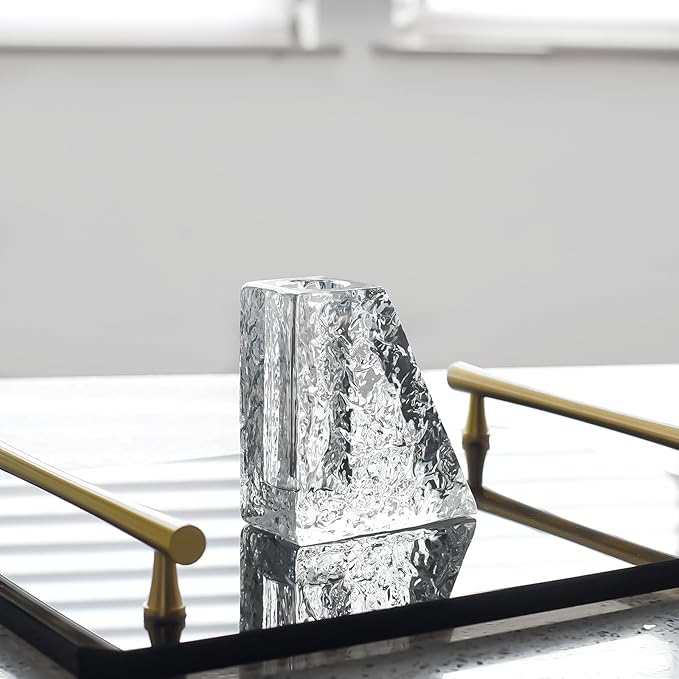 Crystal Flower Vase with Glacial Texture, Clear, Handcrafted Centerpiece for Wedding, Home Decor, Table Display