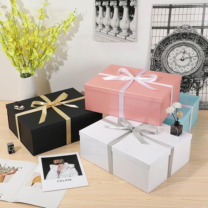 Extra Large Gift Box with Lid 17x13x6 Inches, Black Gift Boxes for presents Packaging for Birthdays, Valentine's Day, Christmas, Anniversaries (Include Shredded Paper Fill, Envelope Card Ribbon)