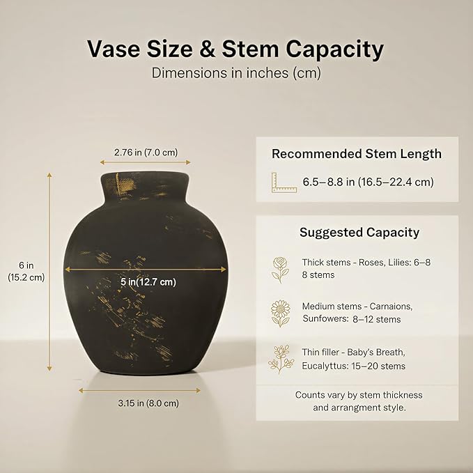 Ceramic Flower Vase, 6-Inch Black Pottery Rustic Farmhouse Boho Vase, Handcrafted Decorative Vase for Home Decor, Centerpieces, Table, Living Room, Mantel, Shelf