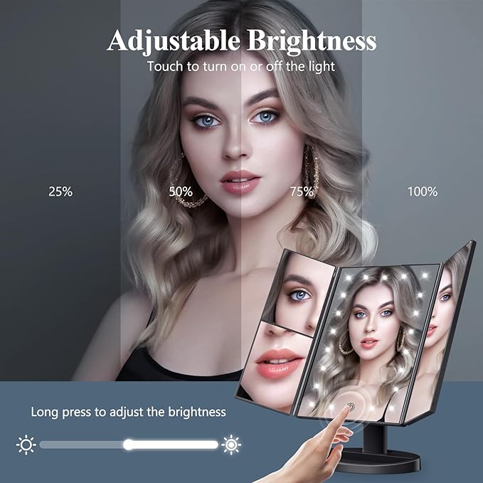 HUONUL Makeup Mirror Vanity with Lights, 2X 3X 10X Magnification, Touch Control, Trifold Mirror, Dual Power Supply, Gifts for Women, Wife, Mom, Teengirls(Black)