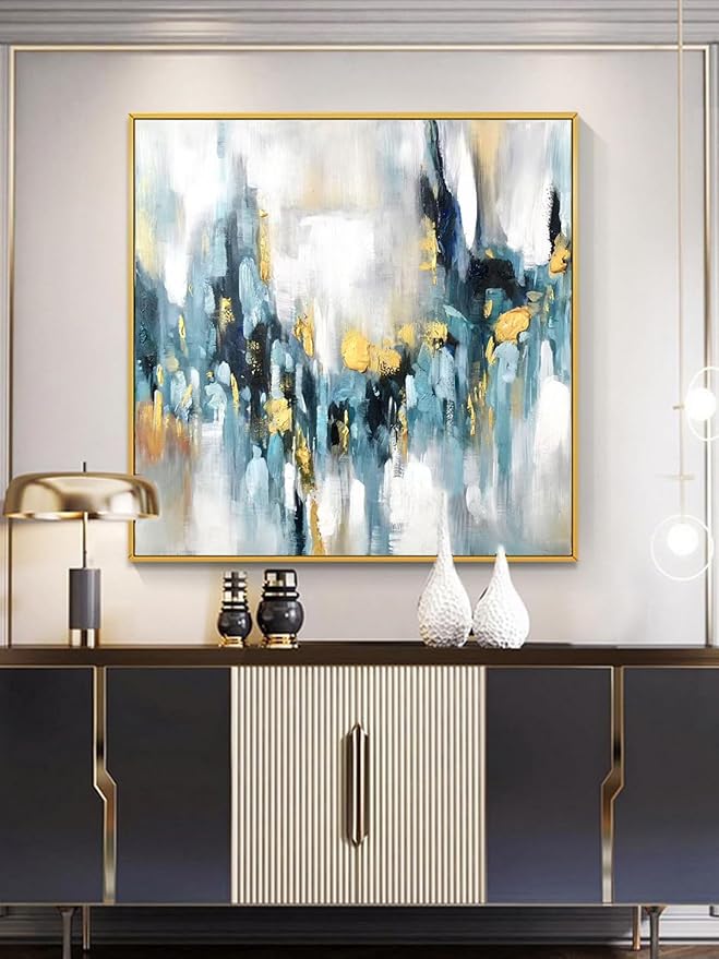 Large Blue and Gold Abstract Wall Art for Office. Hand-Painted Abstract Oil Painting for Living Room. Framed Blue Wall Painting Contemporary for Bedroom Home Decoration Ready to Hand 40x40inches