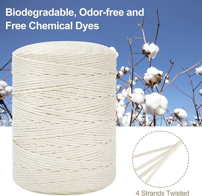 HOMEBOBO Macrame Cord 3mm x 380Yards (1140Feet), Natural Cotton, Light Blue