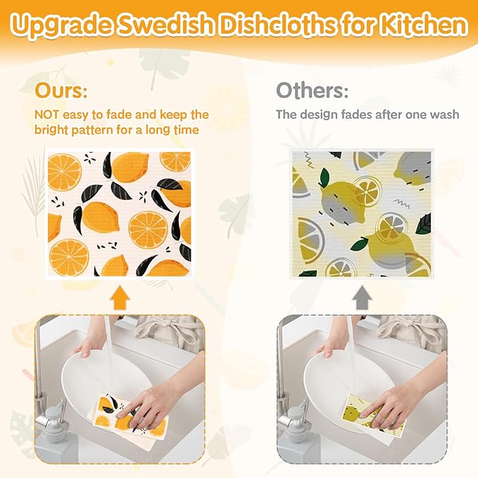 Lucomb 10 Pack Swedish Dishcloths Washable, Reusable Swedish Cloths Biodegradable Kitchen Towels with Hanging Clips, Cellulose Cotton Blend, Lemon Prints