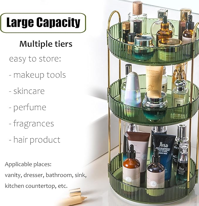 Rotating Makeup Organizer Countertop 3 Tier Lazy Susan Trays Clear Skincare Perfume Storage for Bathroom Counter Vanity, Green Gold