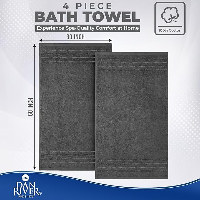 DAN RIVER Bath Towels Set of 4, 30 x 60 Inches, 100% Cotton, Larger & Lighter Weight, Quicker to Dry, Super Soft and Absorbent, Ideal Hotel Towels for Daily Use, Gray