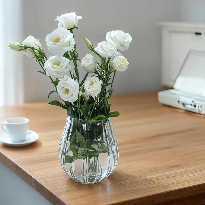 Flower-Shaped Wide Mouth Glass Vase - 6.7" Tall Transparent Vase, Ideal for Fresh Flowers/Floating Tealights, Home Display (Living Room/Bedroom), Wedding Centerpieces & Holiday Decor