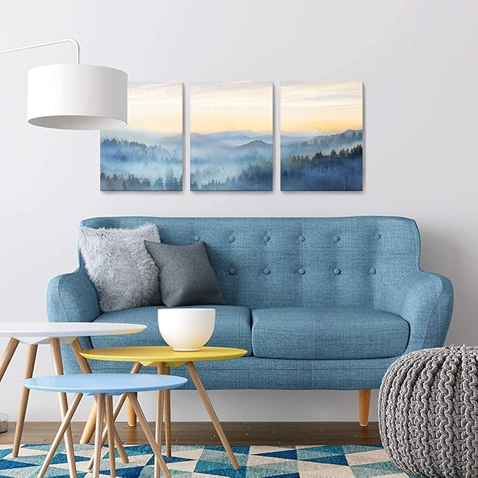 Wall Decor for Bedroom 3 Panel Sunrise Misty Forest Print Picture Paintings Wall Art for Living Room Bathroom Framed Canvas Artwork Modern Room Wall Decorations Size 12x16 x 3 Piece Ready to Hang