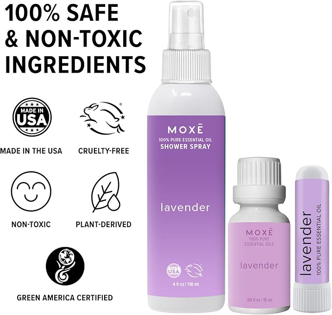 MOXE Lavender Aromatherapy Gift Set, 100% Pure Essential Oil, Shower Steamer Spray, Portable Nasal Inhalers, Diffuser Essential Oil, Sinus & Congestion Relief, Therapeutic Grade, Made in USA