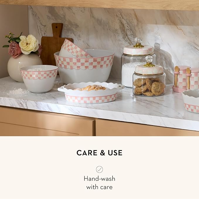 MACKENZIE-CHILDS Set of 3 Everyday Mixing Bowls, Small, Medium, and Large Stoneware Bowls for Kitchen Use, Pink-and-White Rosy Check