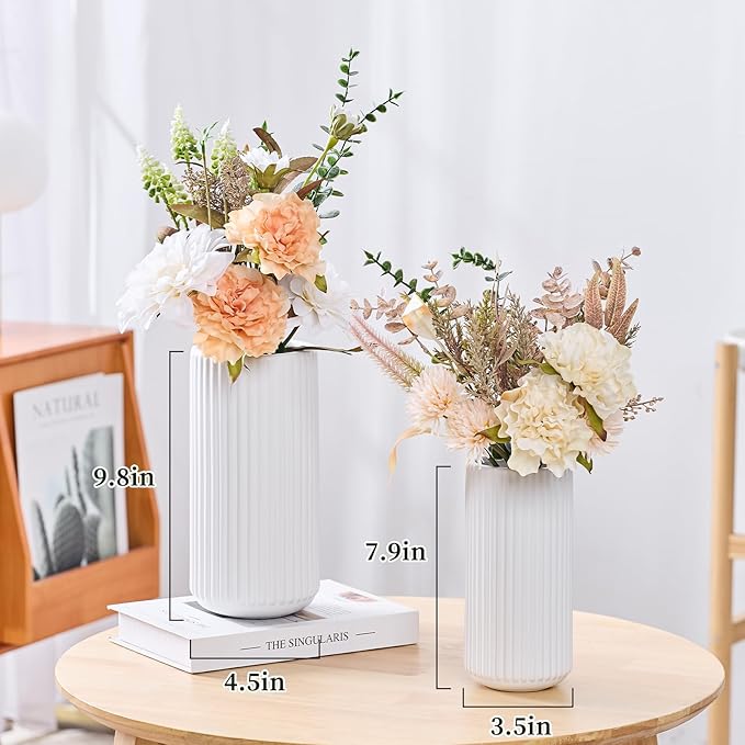 White Ceramic Flower Vase for Pampas Grass, 10 inch Large Decorative Centerpiece Ribbed Vase for Dining Table, Office Desktop, Shelf Bookshelf, Mantel, Entryway, Bathroom, Countertop, Farmhouse, Gift