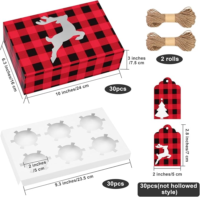 Ruisita 30 Pack Christmas Cupcake Boxes Plaid Cookie Gift Boxes Food Treats Container with Tags for Cupcake, Candy, Party Favors (Red+Black, 10 x 6.3 x 3 Inches)