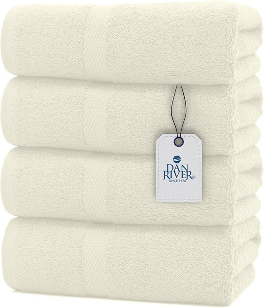 DAN RIVER Bath Towels Set of 4, 27 x 54 Inches, 100% Cotton, Larger & Lighter Weight, Quicker to Dry, Super Soft and Absorbent, Ideal Quick Dry Bath Towels for Daily Use, Ivory