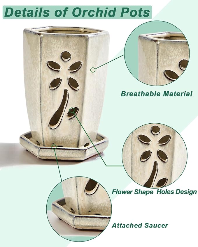 vensovo 4 Inch Ceramic Orchid Pots with Holes and Saucers - 1 Pcs Small Hexagon Succulent Pot for Repotting, Garden Flowerpots for Plants Indoor and Outdoor Promotes Air Circulation, (Milk White)