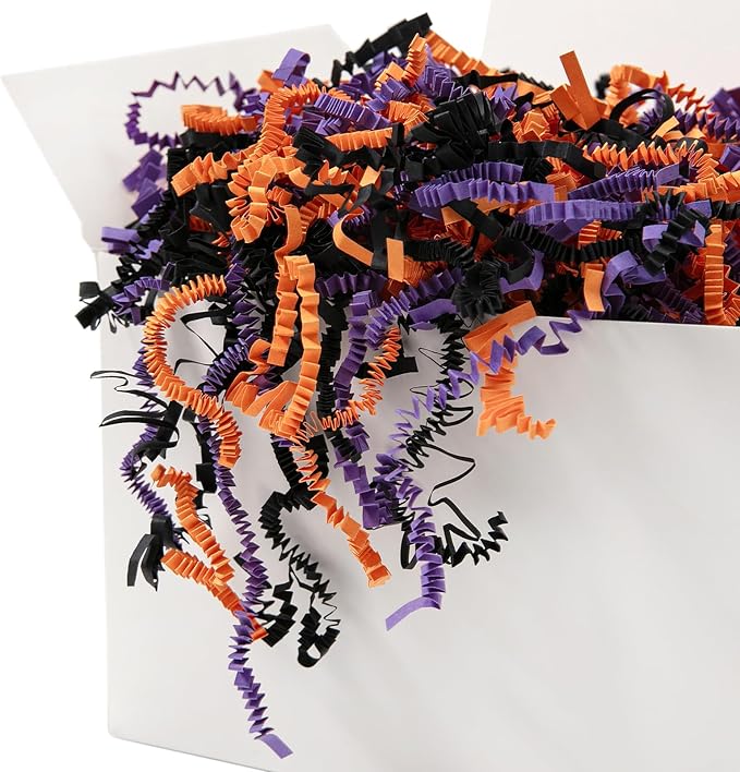 Mefleet 2 LB Halloween Crinkle Cut Paper Shred Filler Orange & Purple & Black Crinkle Shredded Paper for Boo Basket - Gift Box Bag Filler - Grass Cushion Stuffing for Halloween Wrapping