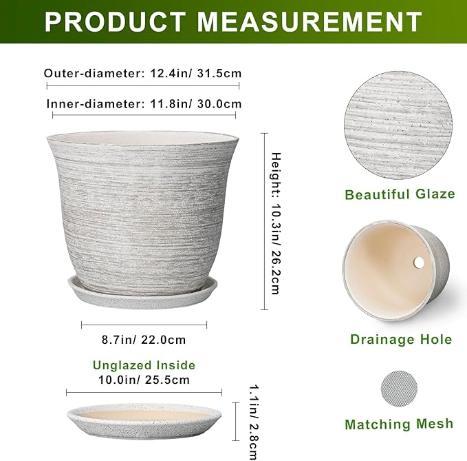 Ceramic Planter - 12 Inch Plant Pot with Drainage Hole and Saucer, Round Large Plant Pots for Indoor Outdoor, Modern Decorative Flower Pots, Garden Room Home Decor, Housewarming Gifts, Grey