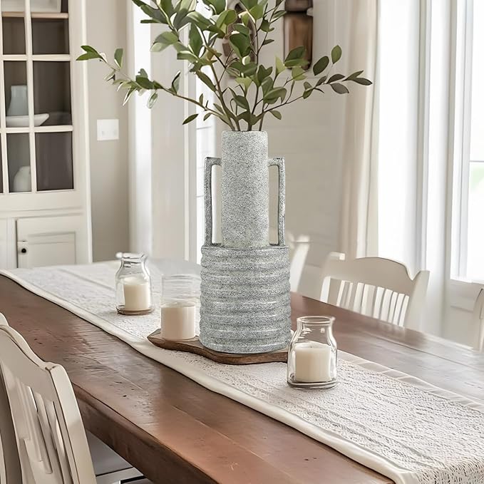 Hollyone Large Vintage Ceramic Vase with 2 Handles, 15.6" Tall Silver-Toned Antique Rustic Decorative Floral Grey Vases for Flowers Home Table Centerpiece Shelf Living Room Entryway Farmhouse Decor