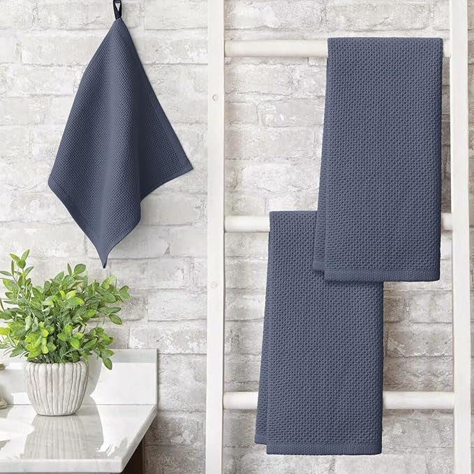 Artoid Mode 100% Cotton White Dark Grey Waffle Weave Kitchen Dish Cloths, 13x28 Inch Ultra Soft Absorbent Quick Drying Kitchen Dish Towels Set of 4, Multicolor