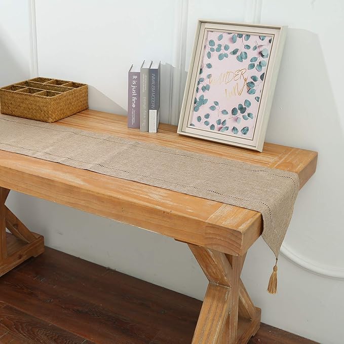Tosewever Decorative Linen Table Runner with Tassels Tabletop Collection 14 x 72 Inches Table Runners for Everyday Dining Wedding Party Holiday Home Decor (14" x 72", Light Coffee)