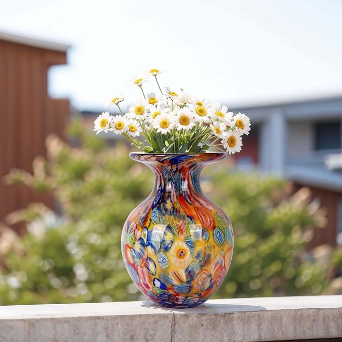 Hand Blown Glass vase, Colourful Glass Decorative vase, Glass Art vase for Bookshelf Coffee Table Floor Mantle Entry Table top TV Cabinet and Dining Table Centerpiece Decorative Flower vase. (Orange)