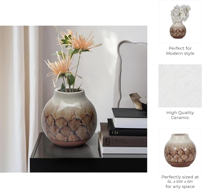 Ceramic Vase for Living Room Decor – Perfect for Modern Room and Home Decor – Stylish Flower Vase for Bedroom, House, Office, and Table Accent – Elegant Bookshelf Accessory – 6", Brown