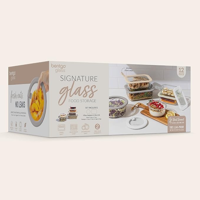 Bentgo Signature Leak-Proof Glass Food Storage - 12-Piece Set, 1-Compartment Plastic-Free Containers with Airtight Glass Lids, BPA-Free, Microwave, Freezer, Oven & Dishwasher Safe (White Stone)