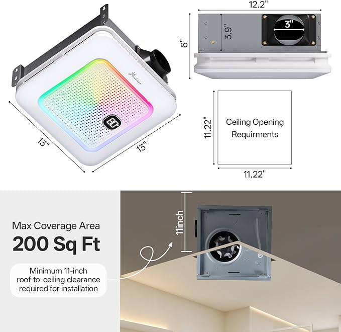 Bathroom Exhaust Fan with Bluetooth Speaker, 230 CFM 1.0 Sone Bathroom Exhaust Fan with Light, 3 Dynamic Light, 7 LED Color, 3 Color Temperatures, Nightlight,Remote, Easy Install (White)