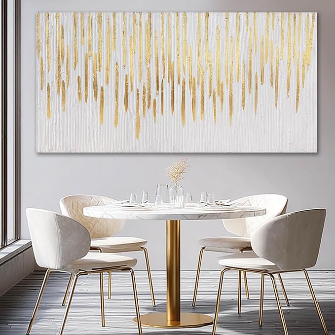 YJYart Gold Wall Decor Abstract Wall Art for Living Room White Canvas Pictures Artwork for Gallery Hotel 24"x48"