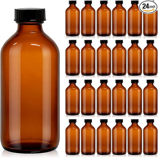 24 Pack 8 oz Amber Glass Boston Round Bottles with Phenolic Polycone Caps – Airtight, Leak-Proof Bottles for Vanilla Extract, Kombucha Brewing, Essential Oils, and Homemade Solutions