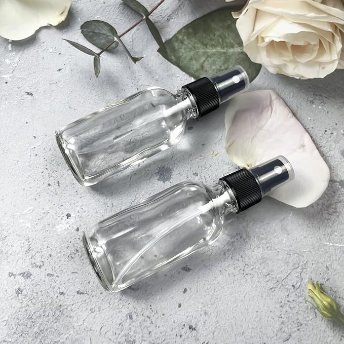 60ml Clear Glass Spray Bottles,Small Empty Fine Mist Perfume Refillable Reusable Travel Spray Bottle for Essential Oils/Hair/Aromatherapy/Cleaning/Cosmetic with Extra Spray Nozzle(2 Pack)