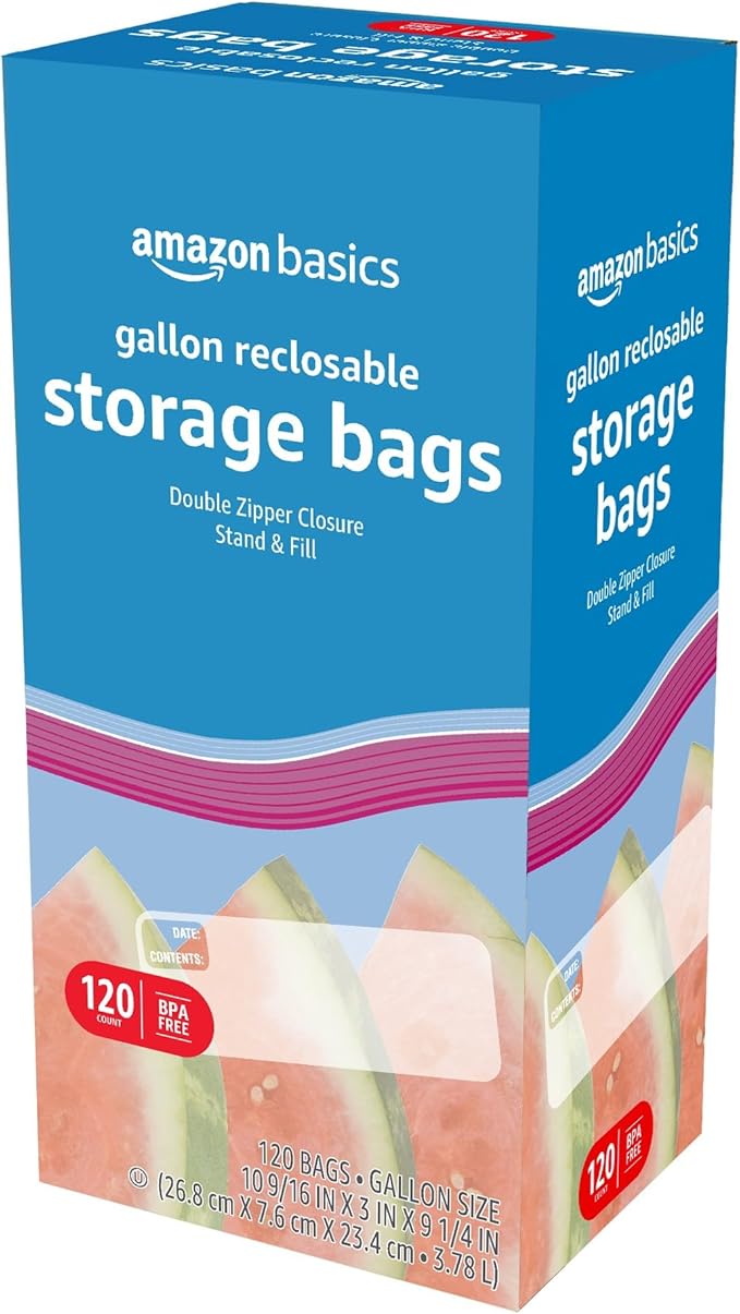 Amazon Basics Reclosable Gallon Food Storage Bags, BPA Free, 120 Count