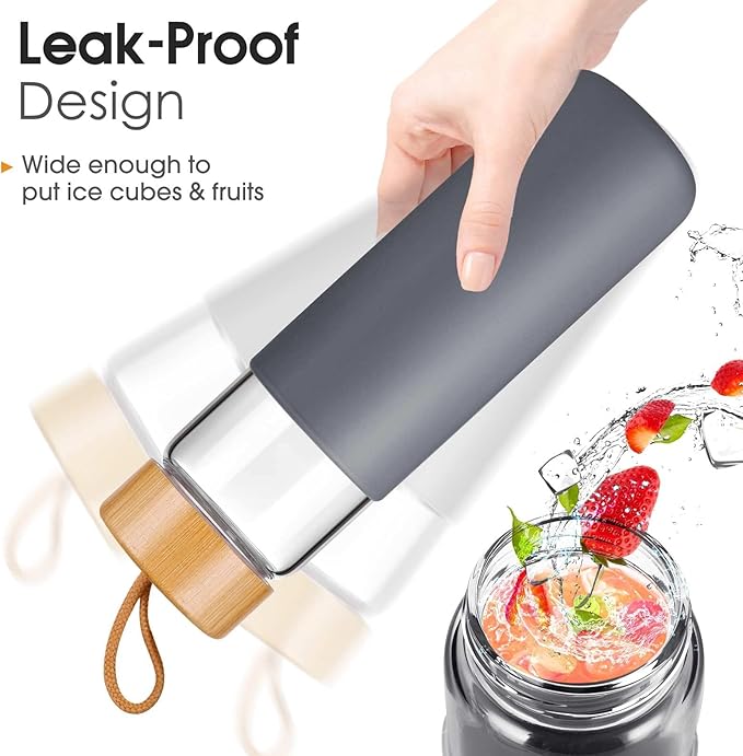 20 Oz Borosilicate Glass Water Bottles with Silicone Sleeve BPA Free, Dishwasher Safe - Reusable Clear Glass Drinking with Leak Proof Bamboo Lid | Perfect Gym Water Bottles for Men & Women