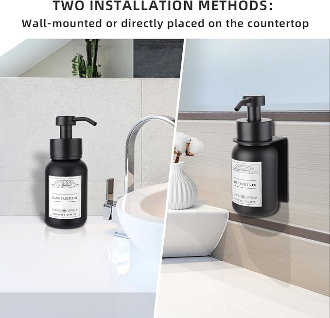 Black Soap Dispenser Wall Mount for Bathroom - 8.5 Oz Glass Hand Soap Dispenser with Pump and Drill-Free Wall Mount Holders, Shower Soap Dispenser with Waterproof Labels