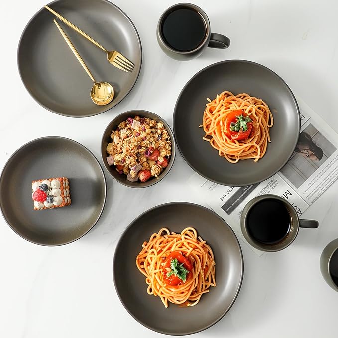 Ceramic Dinnerware Sets, Stoneware Plates and Bowls Sets, Farmhouse 12 Piece Dish Set for 4, Plates Set for Kitchen, Scratch Resistant, Dishwasher & Microwave Safe, Matte Black