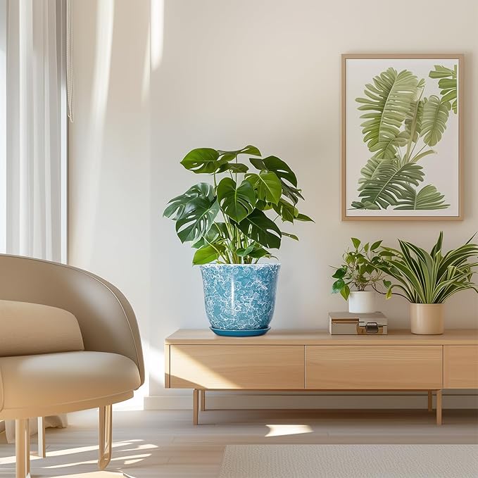 8 Inch Plant Pot - Ceramic Planter with Drainage Hole and Saucer, Round Planter for Indoor Outdoor, Modern Planter, Decorative Flower Pot, Apartment Garden Home Decor, Gardening Gifts, Blue