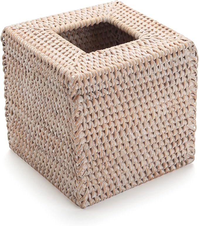 2 Pack Rattan Tissue Box Cover Square, Wicker Tissue Box Holder, Decorative Woven Facial Tissue Holder for Bathroom, Kitchen, Living Room, Bedroom (5.5 x 5.5 x 5.7 inch, Whitewash)
