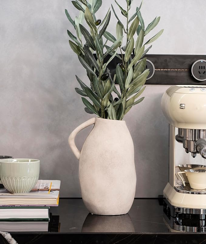 White Ceramic vase with Handle, Distressed Cement Texture, Boho Terracotta Large Pottery 10inch Tall, Rustic Farmhouse Decorative vases for Centerpieces, Unique Stoneware Jug for Flowers