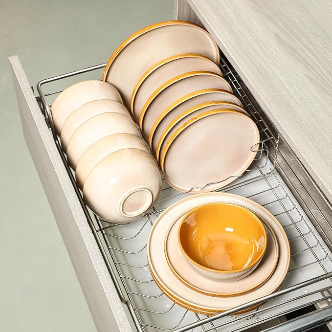 Vicrays Ceramic 12 Pieces Dinnerware Set - Dinner Plates Salad Plates Cereal Bowls Set Service for 4 - Scratch Resistant Microwave Oven Dishwasher Safe - Beige