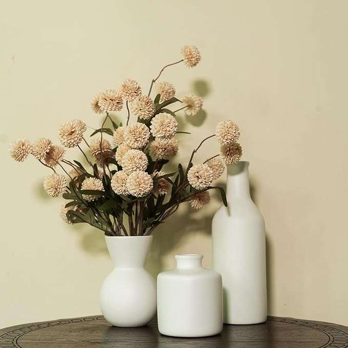 Fake Flowers in Vase for Centerpieces, Faux Flowers in Modern Ceramic Vase Set of 3 with 8 Artificial Autumn Chrysanthemums Artificial Decorative Swags