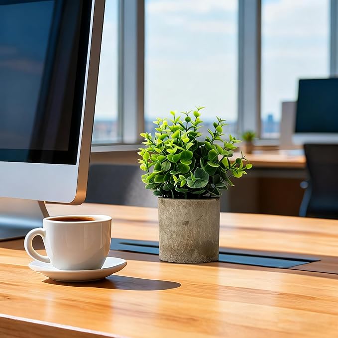 Artificial Potted Plants Faux Greenery in Cement Pots for Shelf, Bookshelf, Office or Home Decor, Small Decorative Fake Plants for Modern Indoor Display