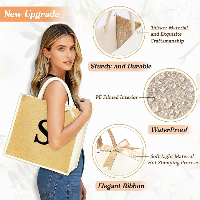 Initial Canvas Tote Bag & Makeup Bag for Women Teacher Bridesmaids，Personalized Present for Wedding, Birthday, Beach