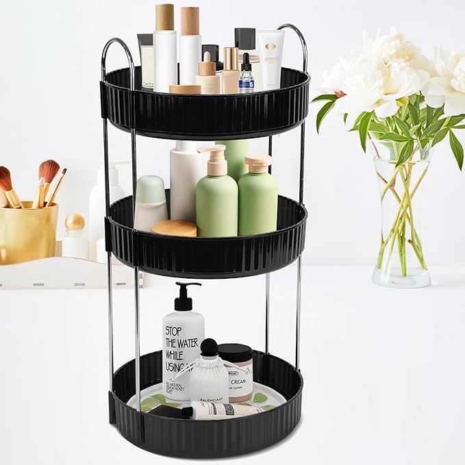 Rotating Makeup Organizer Countertop 3 Tier Lazy Susan Trays Spinning Skincare Perfume Storage for Bathroom Counter Vanity, Black