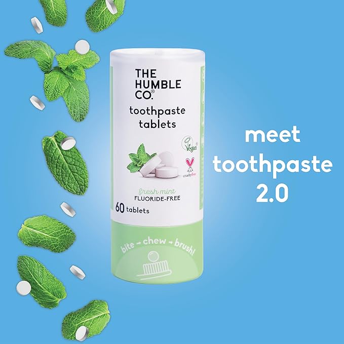 The Humble Co Fluoride-Free Chewable Toothpaste Tablets, Mint - Bite, Chew, Brush - Zero Water & Plastic Free Toothpaste Tabs - Travel-Friendly & Waste-Free Dental Oral Care Hygiene - 180 Count