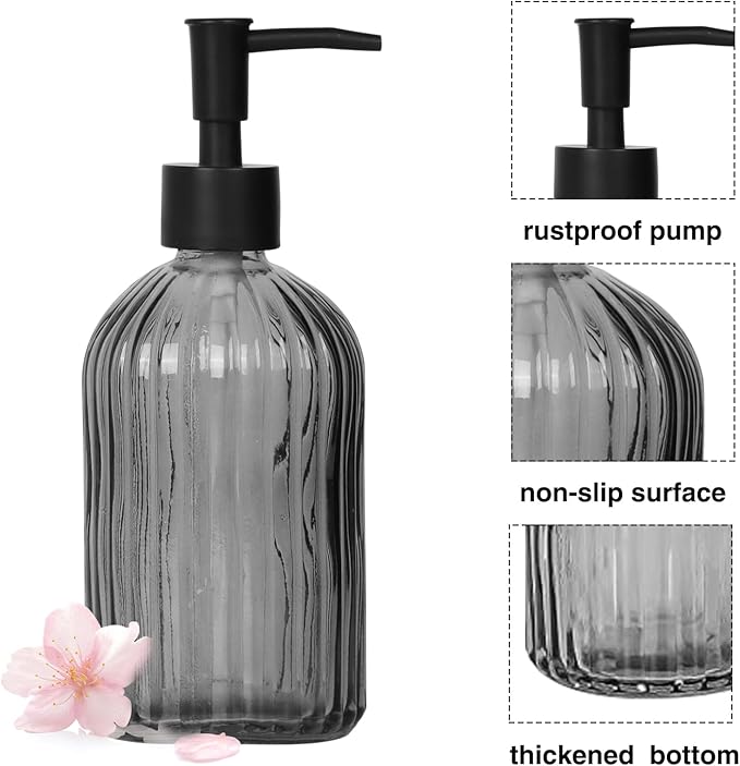 Black & Clear Glass Soap Dispenser with Plastic Pump, 13.5oz Vertical Stripe Design Hand Soap Dispenser for Dish Wash, Refillable Lotion Dispenser for Bathroom and Kitchen