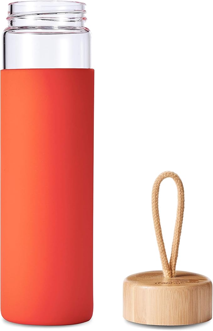 20 Oz Borosilicate Glass Water Bottles with Silicone Sleeve BPA Free, Dishwasher Safe - Reusable Clear Glass Drinking with Leak Proof Bamboo Lid | Perfect Gym Water Bottles for Men & Women