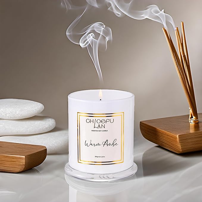 Chloefu LAN Warm Amber Candle, Scented Candles Gifts for Women & Men, Amber Oil, Cotton Wick, Natural Soy Wax for Clean Burning, Luxury Home Decor, Non-Toxic, Glass Jar Candle, 70 Hour Burn, 10 oz