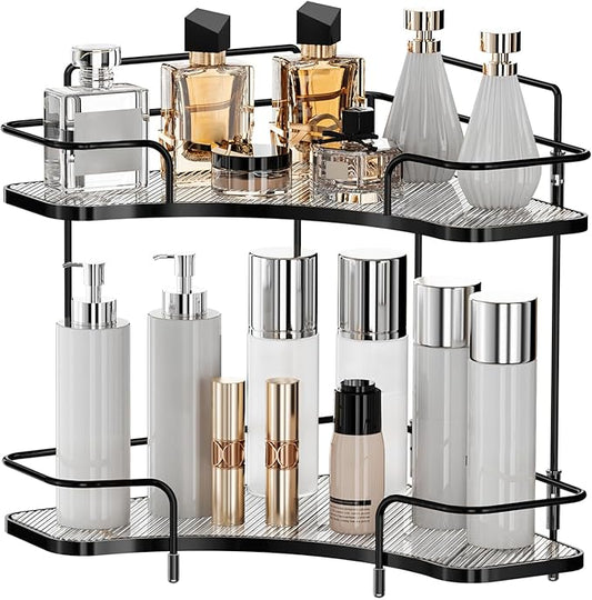 Seoneiro 2 Tier Corner Bathroom Counter Organizer, Cosmetic Skincare Organizer, Bathroom Countertop Perfume Tray Vanity Organizer, Kitchen Spice Corner Storage Shelf